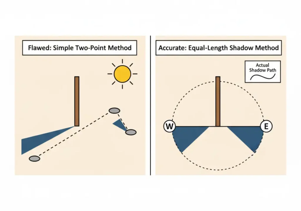 An infographic comparing the accurate equal-length shadow method for sun navigation against the flawed simple two-point method, showing the correct use of an arc to find a true East-West line.