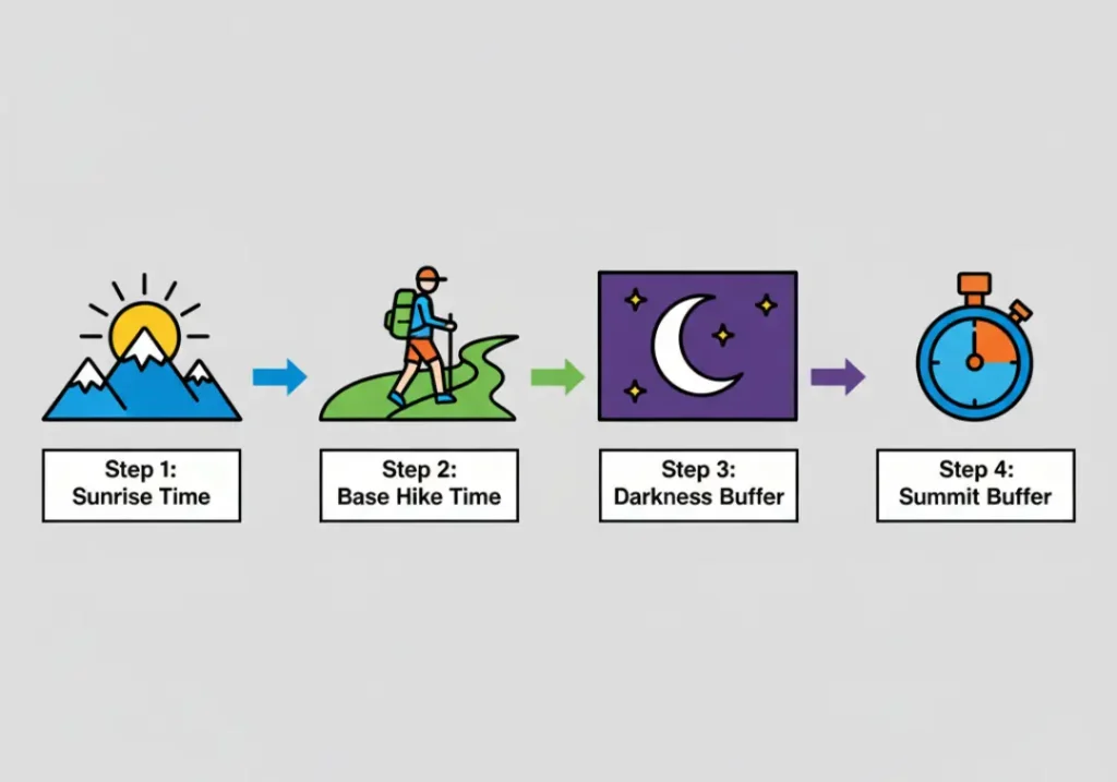 An infographic explaining the four-step formula for calculating a sunrise hike start time. It shows icons for sunrise time, base hiking time, a darkness buffer, and a summit buffer, culminating in the final calculation.