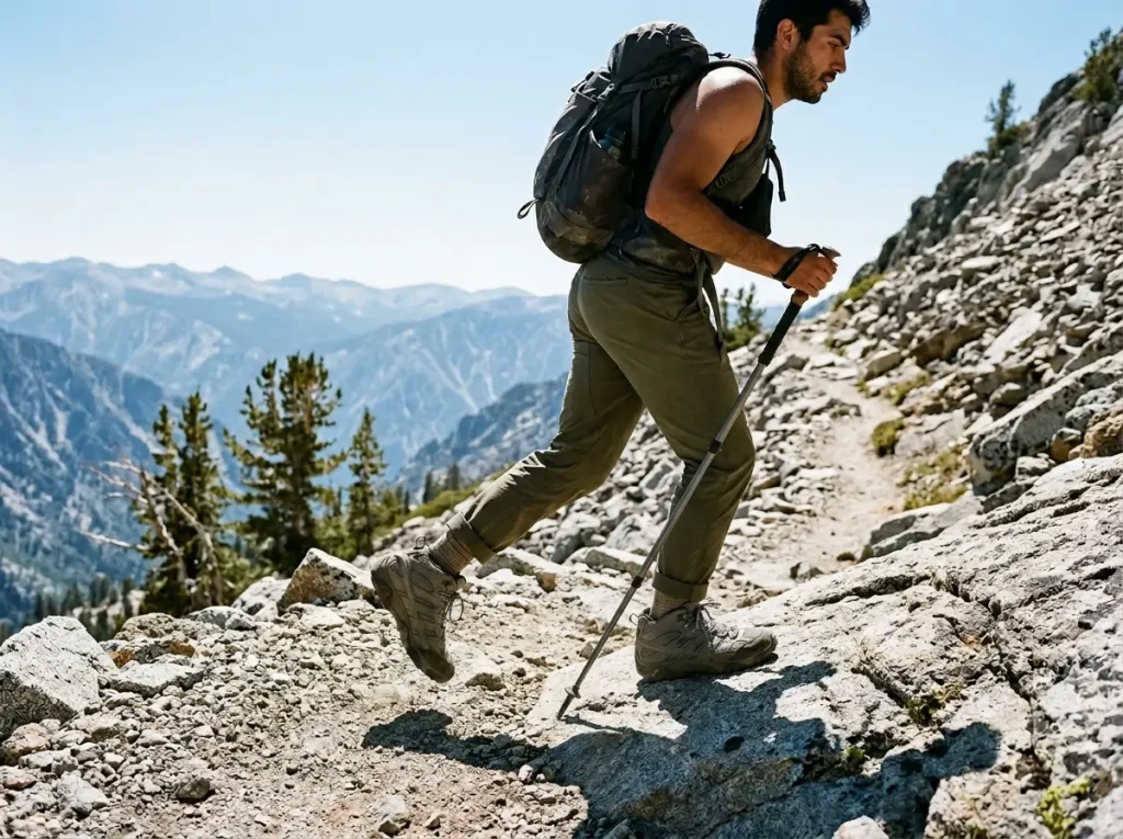 Hiker's feet in lightweight synthetic hiking boots on a rocky alpine trail showing out-of-box comfort