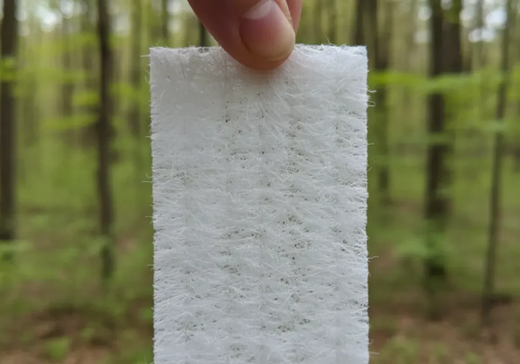 A close-up of a piece of synthetic sheet insulation, revealing its web-like structure of fine polyester fibers.