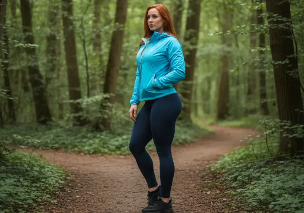A beautiful redhead woman in a technical rain jacket stands at a fork in a forest trail, thoughtfully considering which path to take.