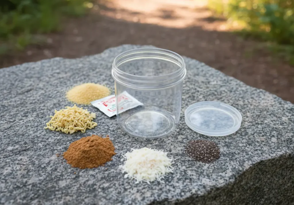 A flat-lay photograph of the best foods for cold soaking, including couscous, ramen, and instant potatoes, arranged around a jar on a rock.