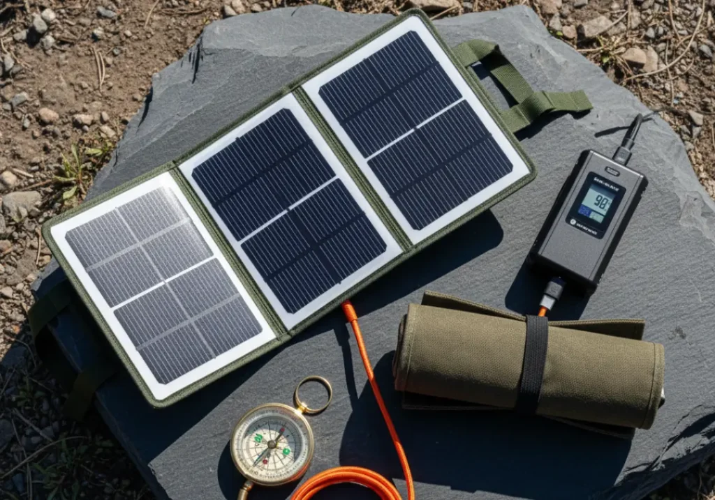 An overhead shot of the three best backpacking solar panels of 2025 arranged on a rock with hiking gear.
