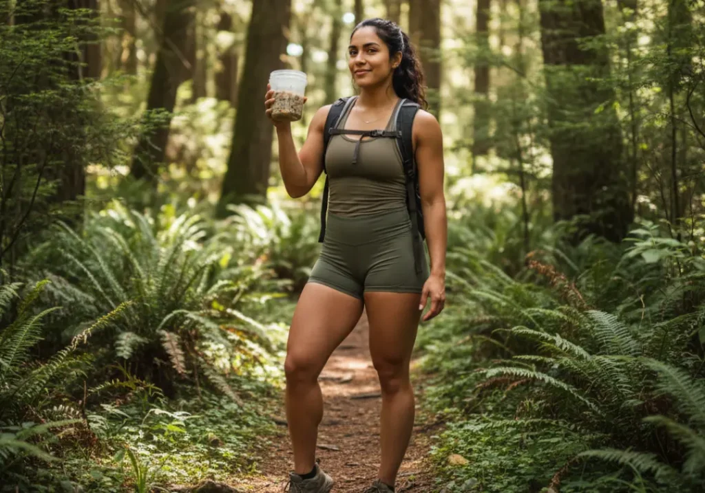 An exceptionally beautiful Latina hiker stands on a trail, showing off her lightweight cold-soaking jar as part of her ultralight backpacking toolkit.