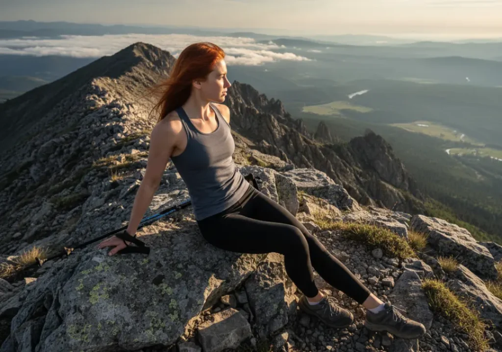 A fit redhead woman in athletic gear stands on a mountain ridgeline, looking out over a valley during a challenging hike.