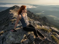 The Complete Hiking Training System: Strength & Skills A fit redhead woman in athletic gear stands on a mountain ridgeline, looking out over a valley during a challenging hike.