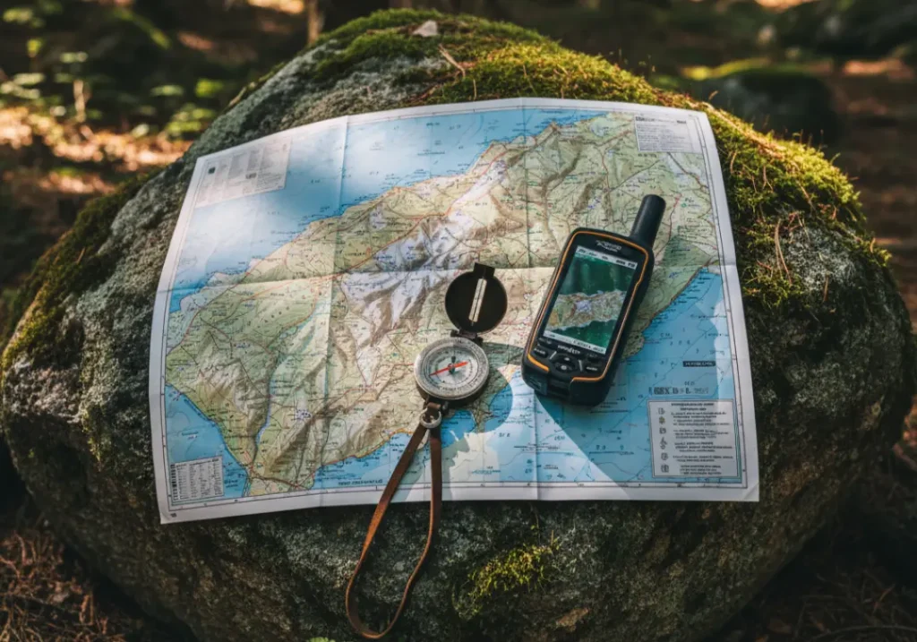 A topographic map, compass, and GPS device laid out on a rock, symbolizing the planning and navigation skills needed for trekking.