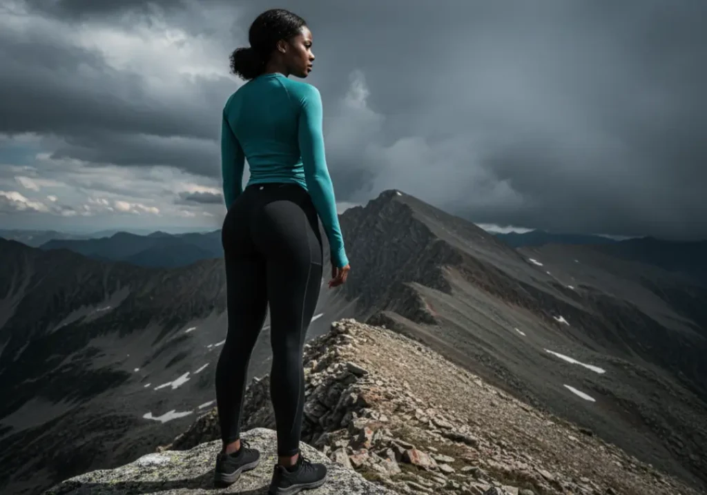 A strong, athletic woman in hiking gear standing on a mountain and assessing a dramatic, cloudy sky, embodying the mountaineer's mindset of risk assessment.