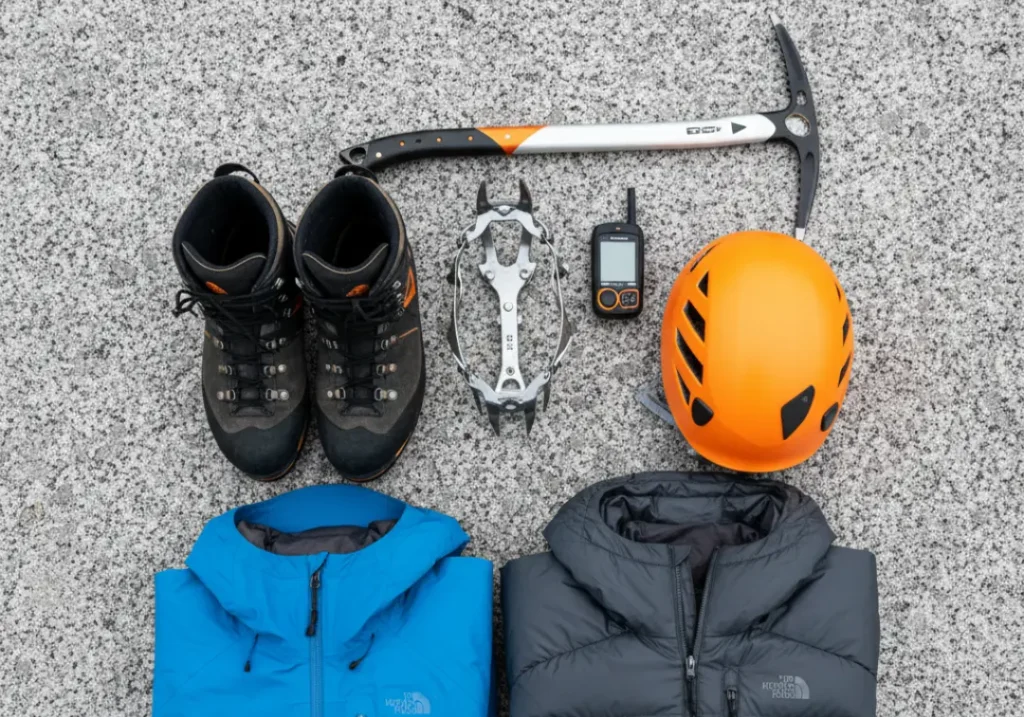 An organized layout of essential mountaineering gear, including boots, crampons, an ice axe, and a helmet, on a rock surface.