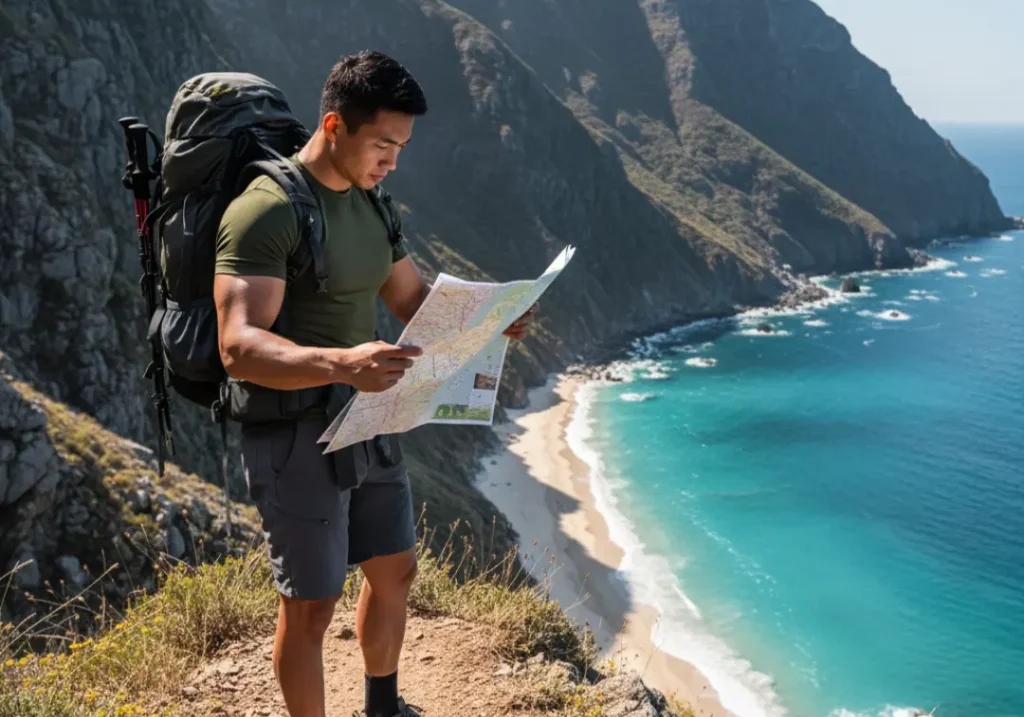 A handsome Asian man in hiking clothes stands on a coastal trail looking at a map.