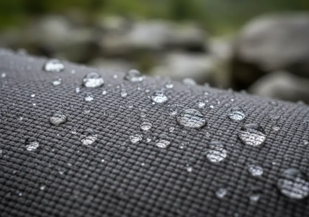 A detailed close-up of water droplets beading perfectly on the textured surface of a high-performance waterproof jacket fabric.