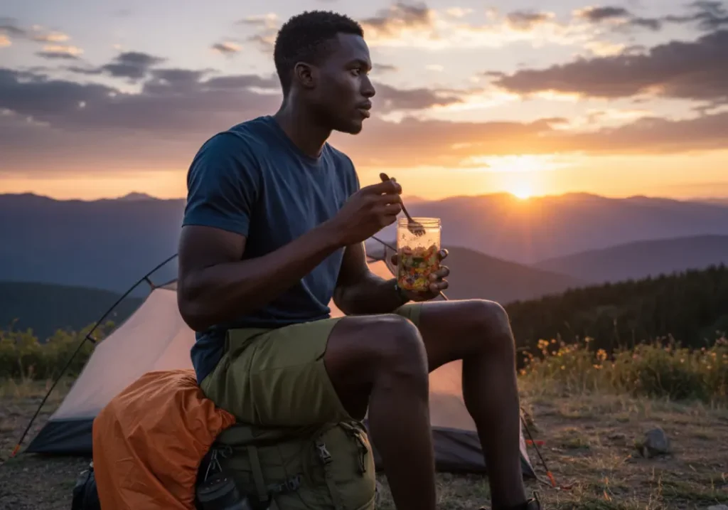A handsome, athletic Black man eats a cold-soaked meal from a jar while enjoying a mountain sunset at his campsite, demonstrating the efficiency of stoveless hiking.