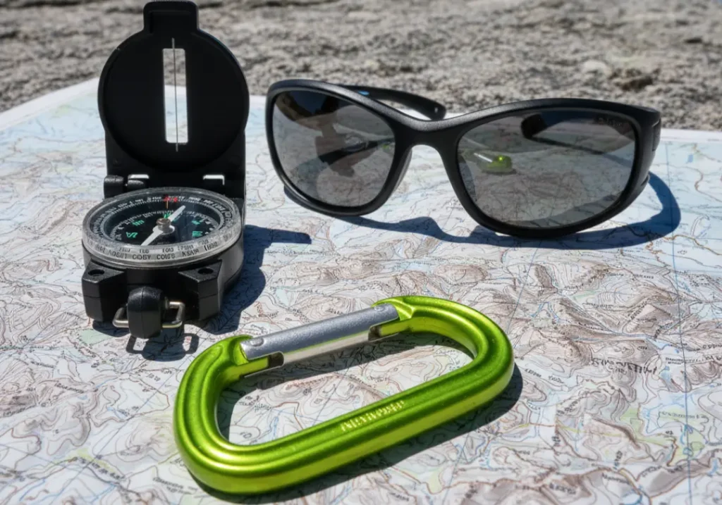 A close-up of a topographic map, compass, and carabiner laid out on a rock, representing the planning phase of mountaineering.