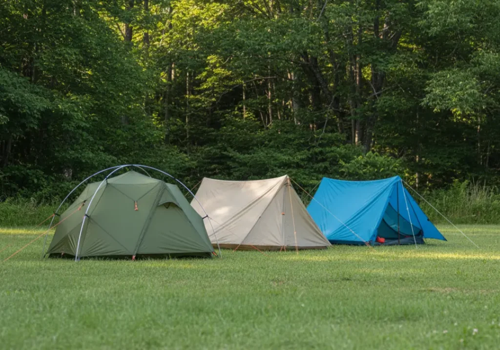 Three types of backpacking tents—freestanding, semi-freestanding, and non-freestanding—are pitched side-by-side in a grassy field.