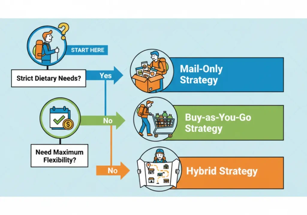 An infographic decision tree for thru-hiker resupply strategies. A question about dietary needs branches to either a mail-only strategy or to a second question about flexibility, which then branches to a buy-as-you-go or hybrid strategy.