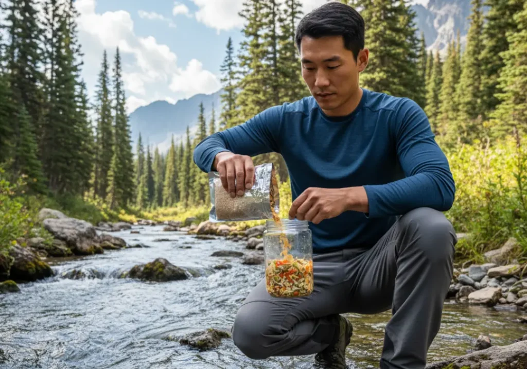 A handsome and capable Asian hiker kneels by a stream, carefully mixing ingredients in a jar to create a delicious cold-soaked meal.
