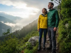 Trail-Tested: Making Sense of Waterproof Ratings (mm & IP) A fit, young couple in technical rain gear stands on a wet mountain trail, looking out over a misty valley as the sun breaks through the clouds.