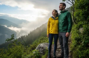 Trail-Tested: Making Sense of Waterproof Ratings (mm & IP) A fit, young couple in technical rain gear stands on a wet mountain trail, looking out over a misty valley as the sun breaks through the clouds.