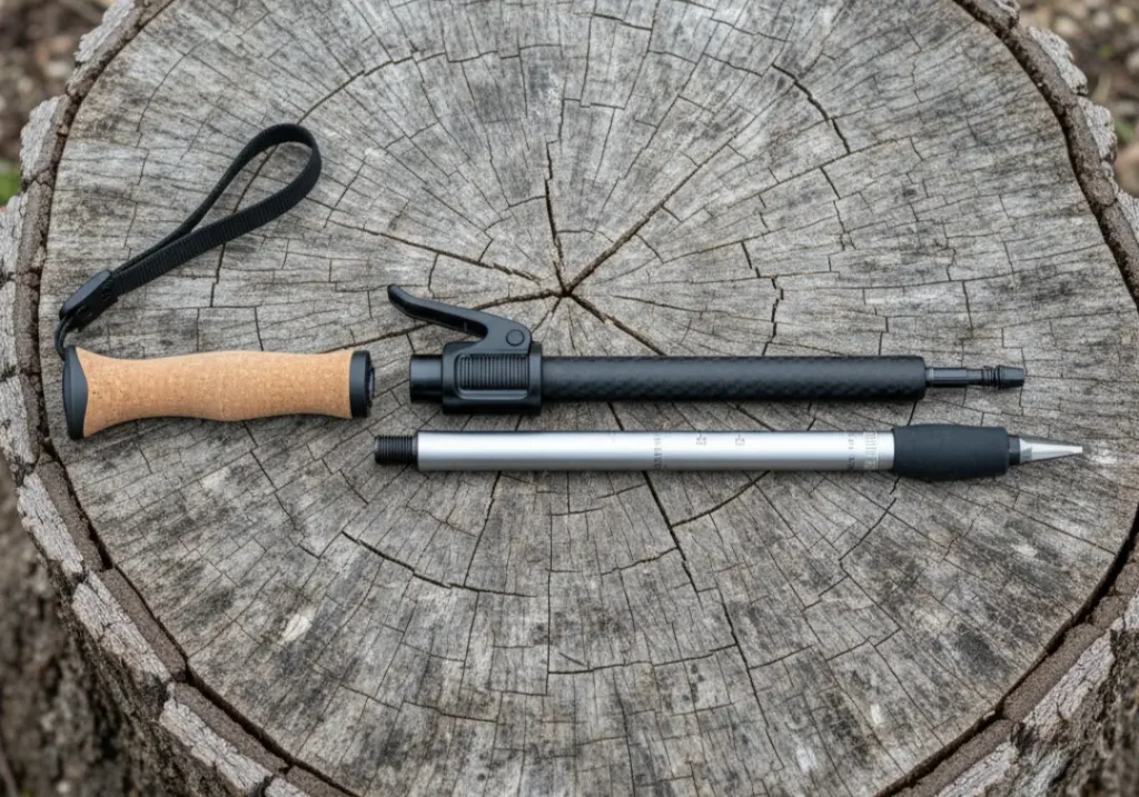 The individual components of a trekking pole, including the grip, strap, locking mechanism, and shafts, laid out to showcase its engineering.