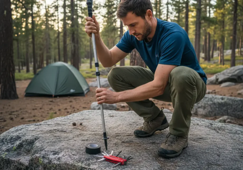 A fit man in his late 20s performs maintenance on his trekking pole at a backcountry campsite, illustrating long-term ownership and repair.