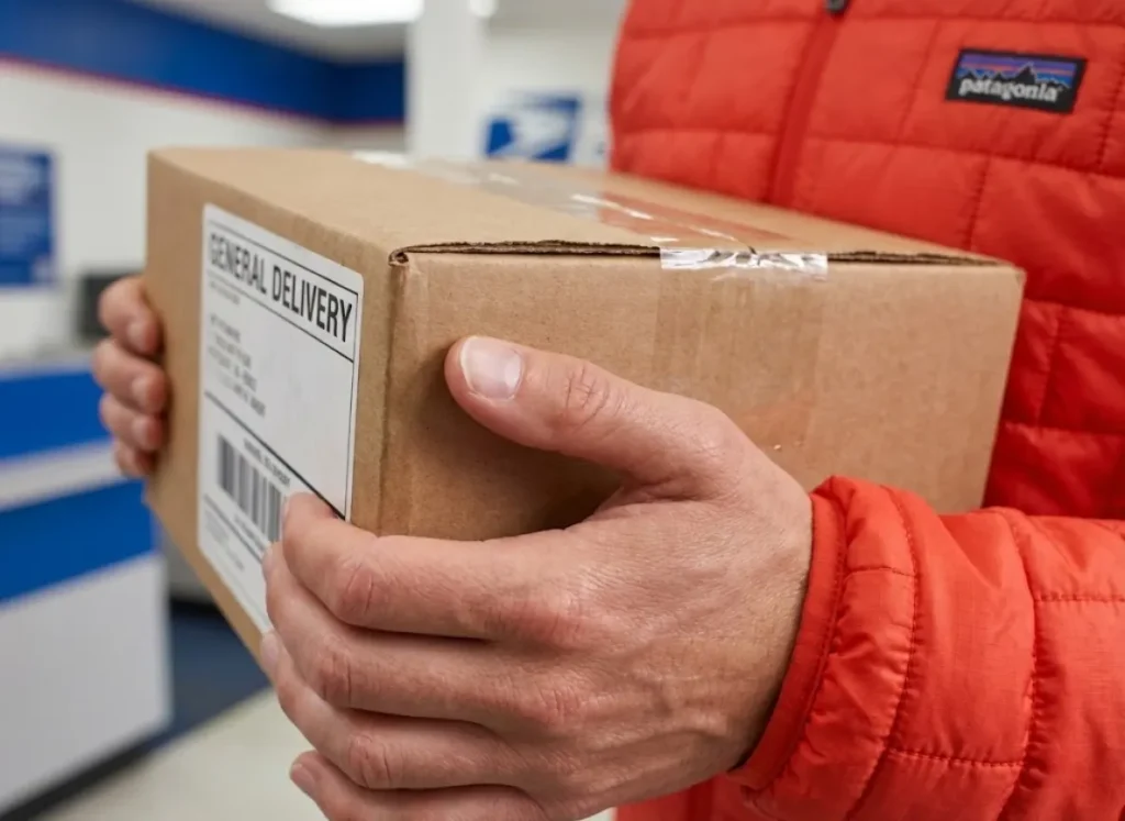 Macro photography shot of a thumb holding a cardboard box with a crisp General Delivery label, wearing a Patagonia Nano Puff jacket, with a blurred post office background.