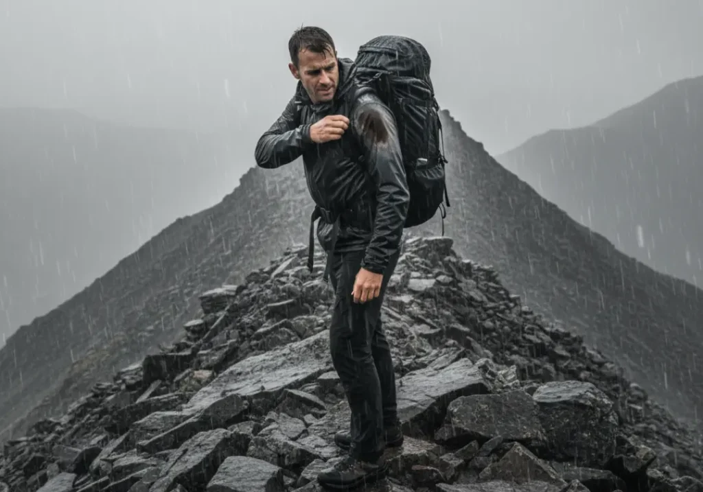 A full-body side view of a male hiker in a downpour, looking at a wet spot on his jacket shoulder caused by his backpack strap pressure.
