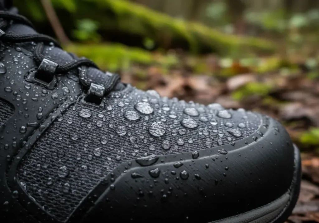 A detailed close-up shot of water beading up on the waterproof fabric of a hiking boot, showcasing its weather-resistant technology.