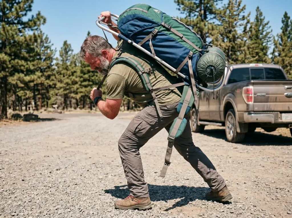 Hiker shouldering an external-frame pack showing how a framed backpack carries load