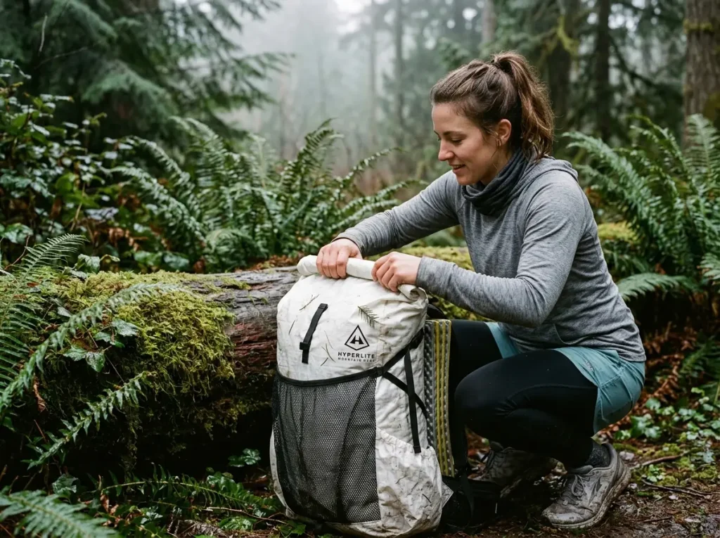 Hiker rolling closed a frameless backpack to show where its structure comes from
