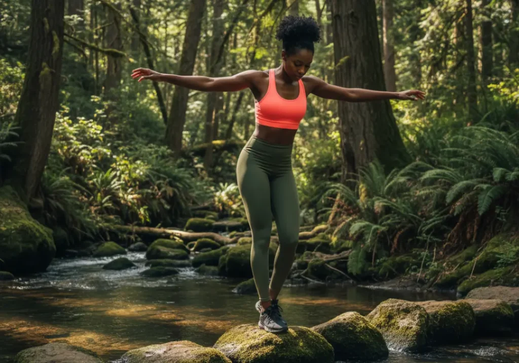 An athletic Black woman in her late 20s balances carefully while crossing a stream on rocks, showcasing hiking fitness.