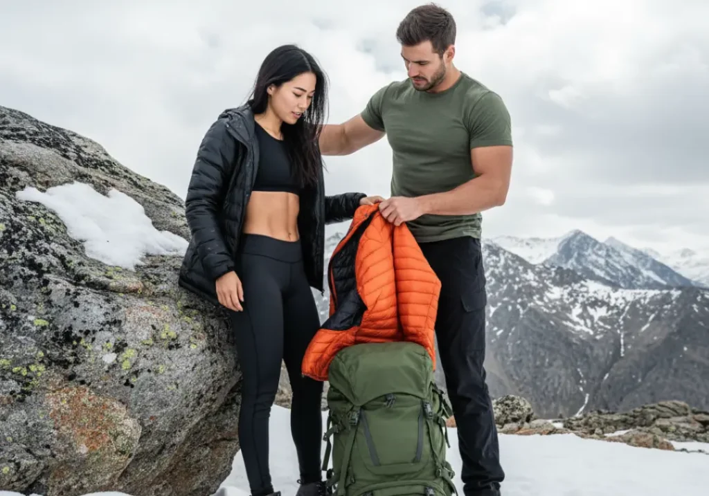A male hiker helps his female partner change from a wet jacket into a dry one as a first aid step for hypothermia on the trail.