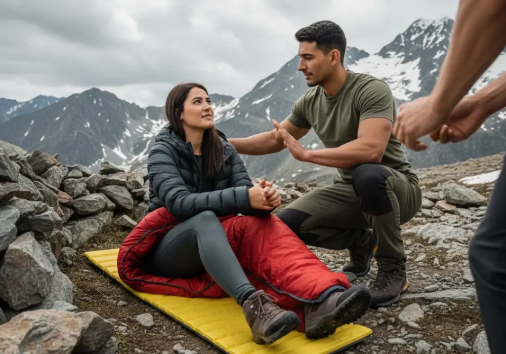 A knowledgeable male hiker stops another person from rubbing the hands of a hypothermic patient, demonstrating a dangerous treatment mistake to avoid.