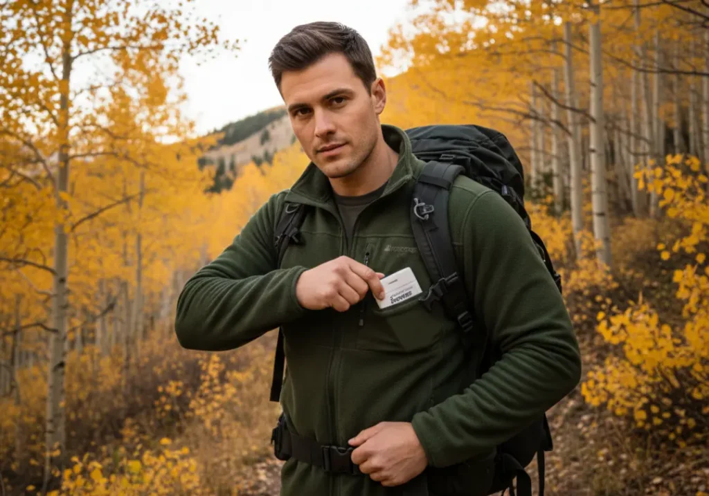 A handsome male hiker in cold weather safely storing his Sawyer Squeeze filter in his jacket pocket to prevent freezing.