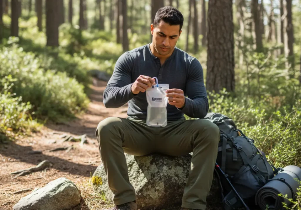 A handsome Latino hiker inspecting his Sawyer Squeeze filter on a trail to diagnose a slow flow rate.