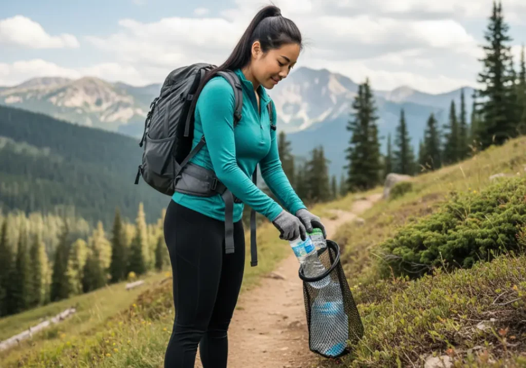 A beautiful female hiker with an athletic figure picks up a plastic bottle on the trail, demonstrating trail stewardship.
