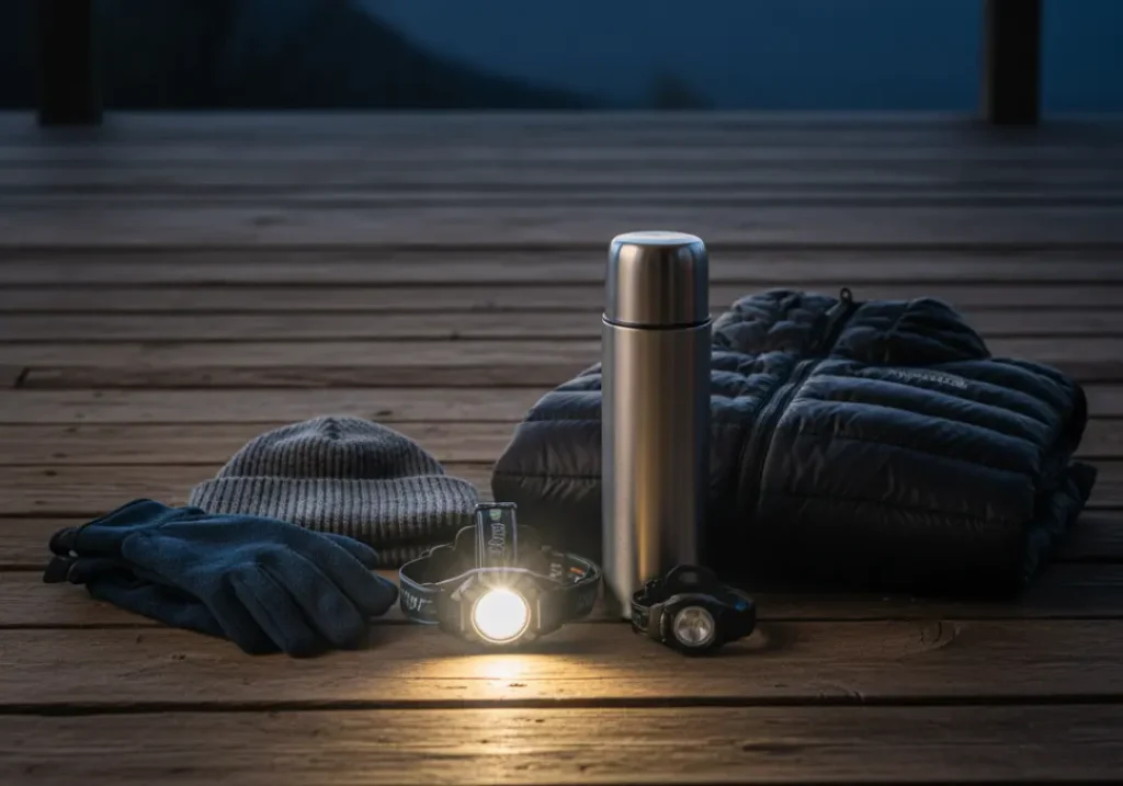 Essential sunrise hike gear, including a headlamp, puffy jacket, and thermos, arranged neatly on a wooden surface.