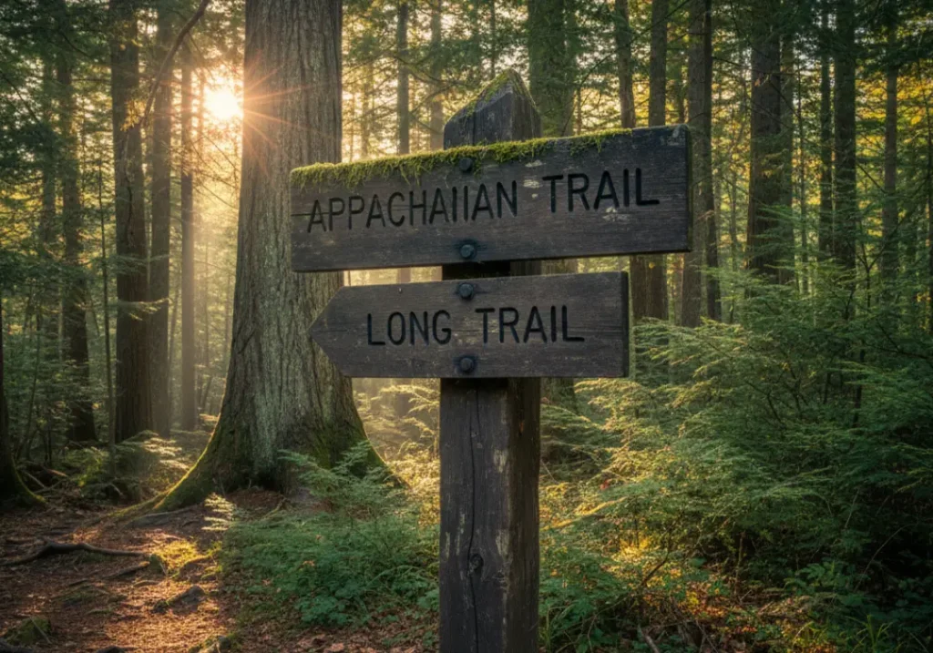 A vintage carved wooden trail sign stands at a junction in an old-growth forest, symbolizing the origins of the American hiking movement.