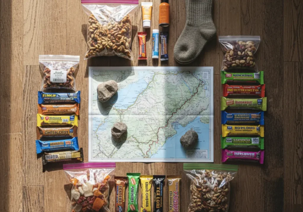An overhead view of a perfectly packed thru-hike resupply box containing food, socks, fuel, sunscreen, and maps.
