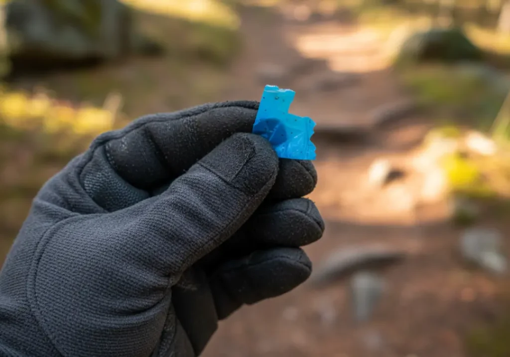 A close-up of a gloved hand holding a tiny piece of blue plastic microtrash, with a natural trail in the background.