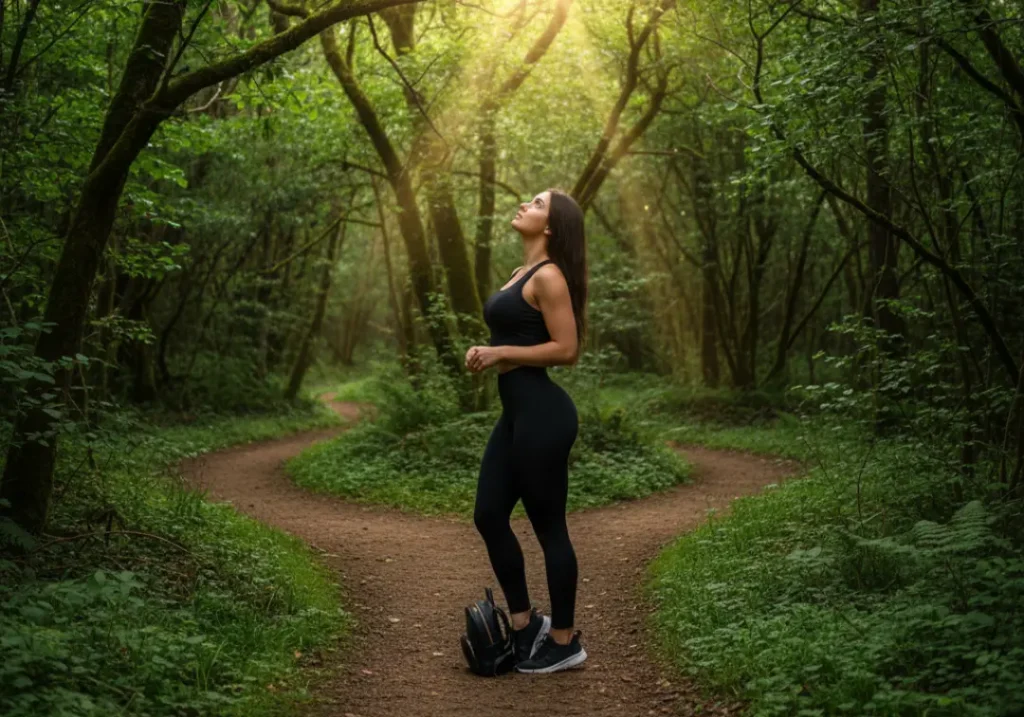 A beautiful, athletic female hiker pausing in a forest to observe natural navigation clues from the sun filtering through the trees.