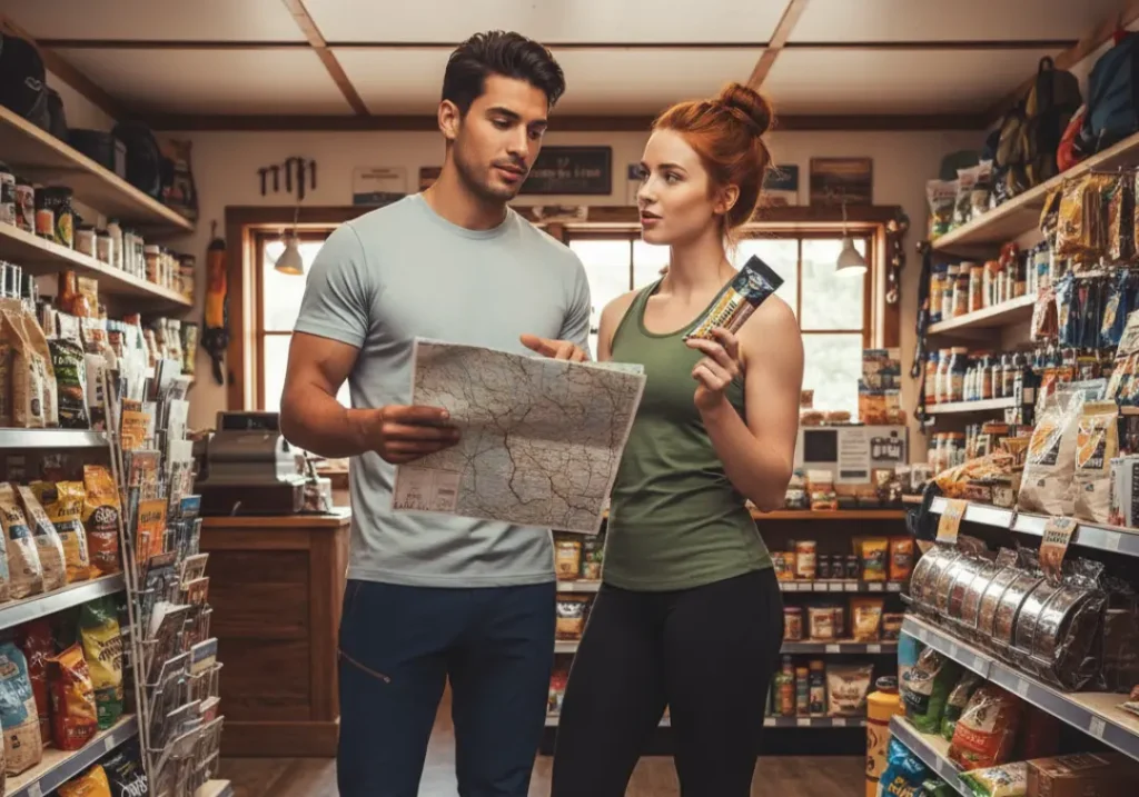 An attractive hiking couple discusses their options while looking at a map and food inside a small town gear shop.