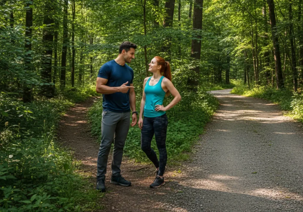 A fit, adventurous couple stands at a fork in a trail, with the man pointing towards the more challenging path, illustrating the choice between a simple hike and a trek.