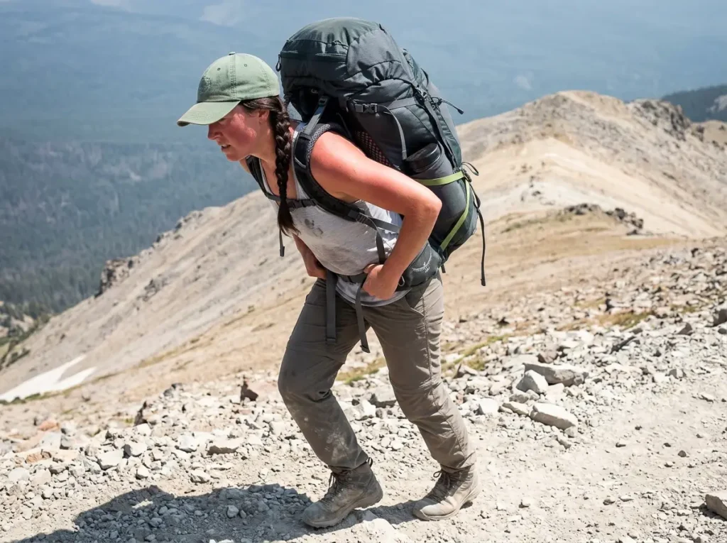 Hiker hauling a heavy loaded framed backpack uphill on an exposed climb