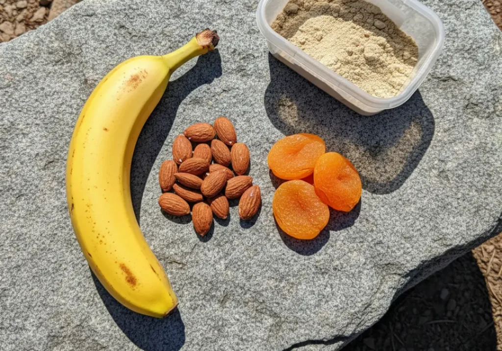 A flat lay of trail-friendly whole foods like a banana, almonds, and dried apricots on a rock, representing natural electrolyte sources.