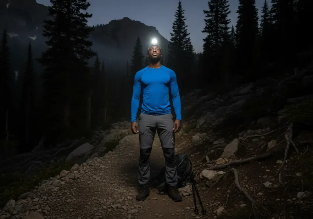 A handsome, muscular Black man in hiking gear standing at a dark trailhead, looking up the path with determination.