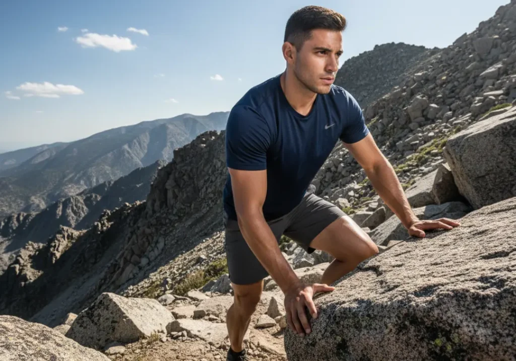 A strong Latino hiker in his late 20s powers up a steep, rocky incline, demonstrating the physical demands of hiking.