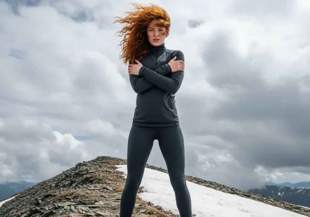 A beautiful female hiker in form-fitting gear stands alone on a windy mountain ridge, illustrating vulnerability to the cold.