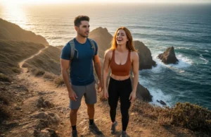 World’s Best Coastal Hikes: Difficulty & Scenery Guide An attractive man and woman in athletic gear hiking on a scenic coastal cliff path at sunset.