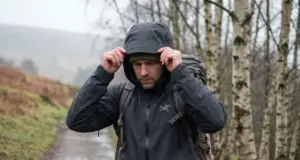 Gore-Tex vs eVent Which Membrane Breathes Better Hiker in a Gore-Tex hardshell pulling his hood up on a wet trail, rain gear membrane comparison