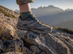 Do You Need a Rock Plate for Hiking? Not Always Low-cut hiking shoe stepping onto sharp granite on a rocky trail at first light, sole flexing over a pointed rock